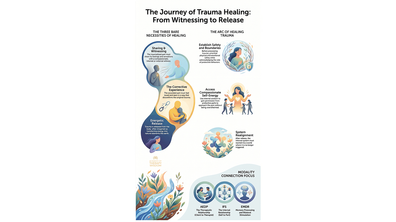 Infographic of trauma healing journey and therapy modalities