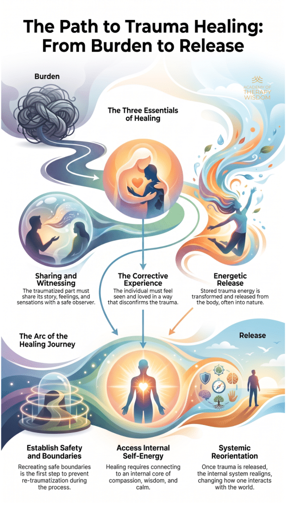 infographic-trauma-healing-witnessing-presence-frank-anderson An infographic detailing the non-linear journey of trauma healing, highlighting stages of witnessing, safety, corrective emotional experiences, somatic trauma release, and integration.