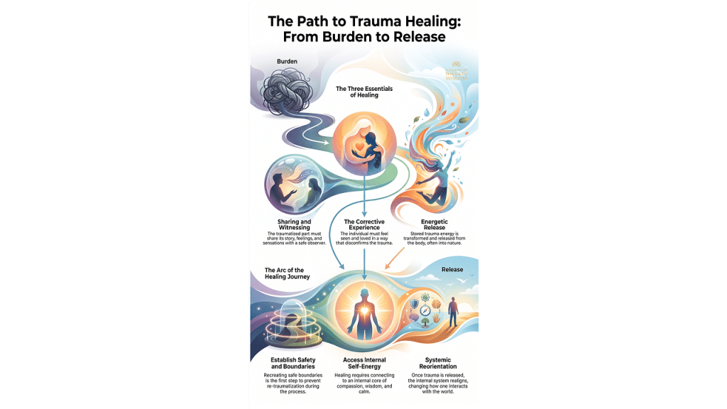 Infographic showing trauma healing journey from burden to release